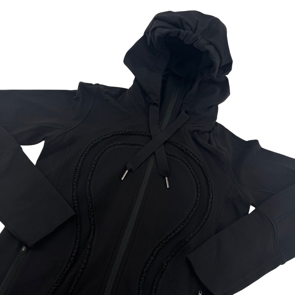 Lululemon Stride Jacket Women 2 Black Ruffle Hooded Full Zip Thumbholes Athletic